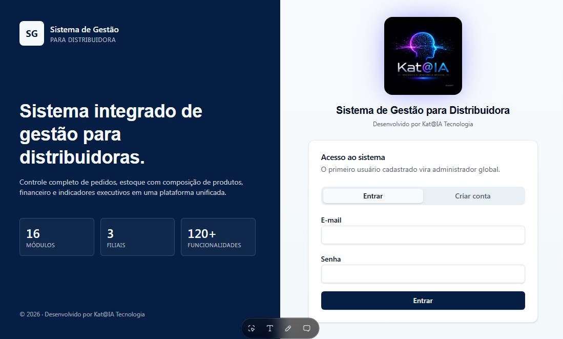 Sistema de gestão para distribuidora criado pela aluna Katia: 16 módulos, 3 filiais, 120+ funcionalidades, marca própria Kat@IA Tecnologia.
