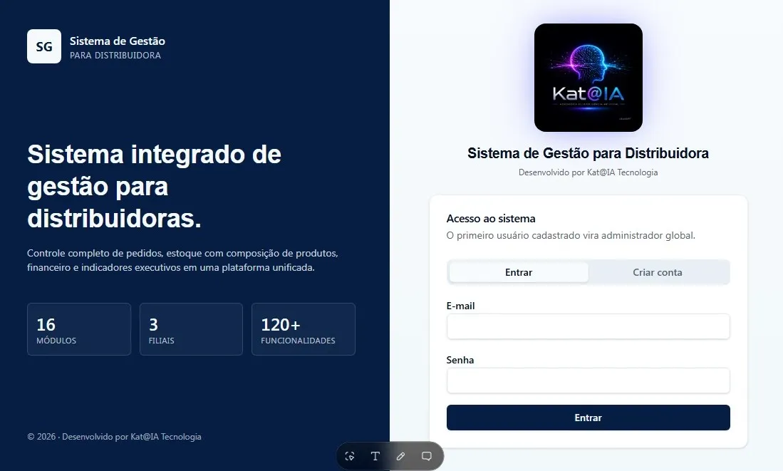 Sistema de gestão para distribuidora criado pela aluna Katia: 16 módulos, 3 filiais, 120+ funcionalidades, marca própria Kat@IA Tecnologia.